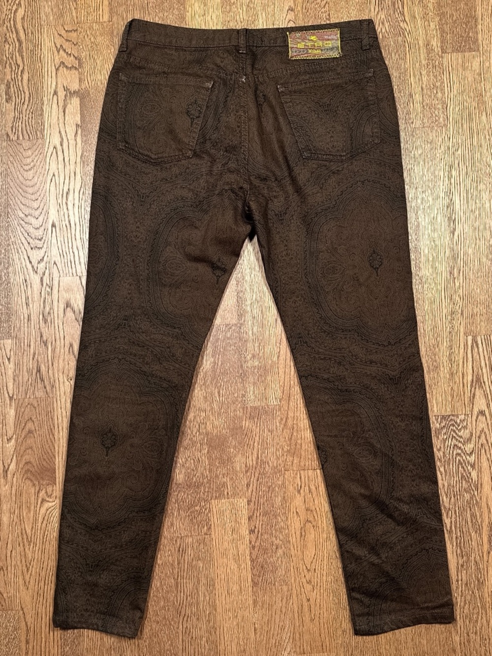 Vintage Y2K Etro Milano Paisley Floral Brown All Over Print Skinny Pants Mens 34